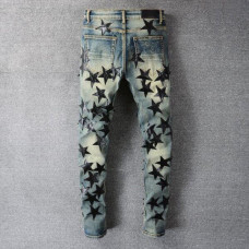 Men's Black Stars Embroidery Patchwork Ripped Skinny Denim Distressed Blue Jeans