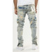 NEW MEN DENIM BLUE RIPPED BIKER CARGO JEANS DISTRESSED RIPPED SLIM FIT