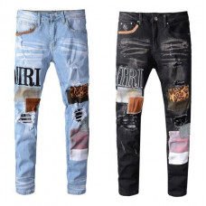 Men's Ripped Embroidery Patchwork Stretch Ripped Leopard Skinny Fit Denim Jeans