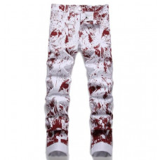 Mens White Cotton Denim Jeans Red Printed Punk Hip Hop Pants Trousers Breathable