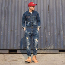 Retro Men Denim Casual Slim Fit Overall Ripped Jumpsuit Jeans Romper Cowboy Pant