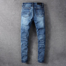 Men’s Ripped Pleated Slim fit PU Patch Jeans Stretch Distressed Blue Biker Pants