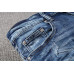 Men’s Ripped Pleated Slim fit PU Patch Jeans Stretch Distressed Blue Biker Pants