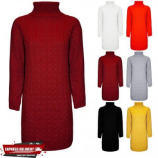 Womens Ladies High Polo Turtle Neck Cable Knit Long Sleeve Sweater Jumper Dress